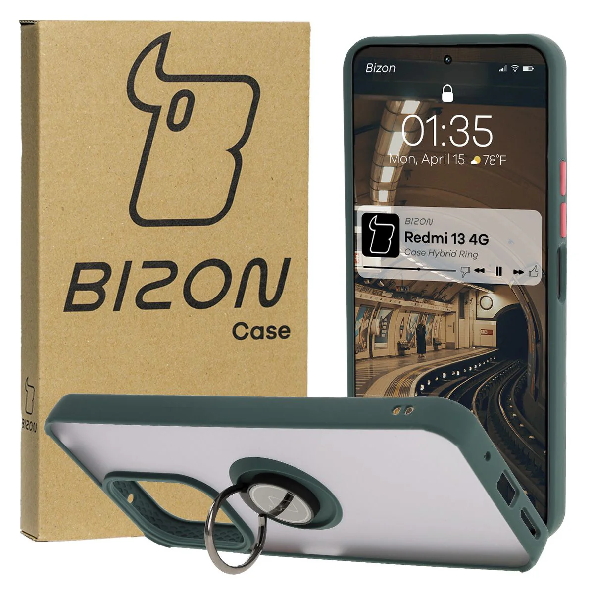 Handyhülle mit Fingergriff für Xiaomi Redmi 13 4G, Bizon Case Hybrid Ring, getönt mit dunkelgrünem Rahmen