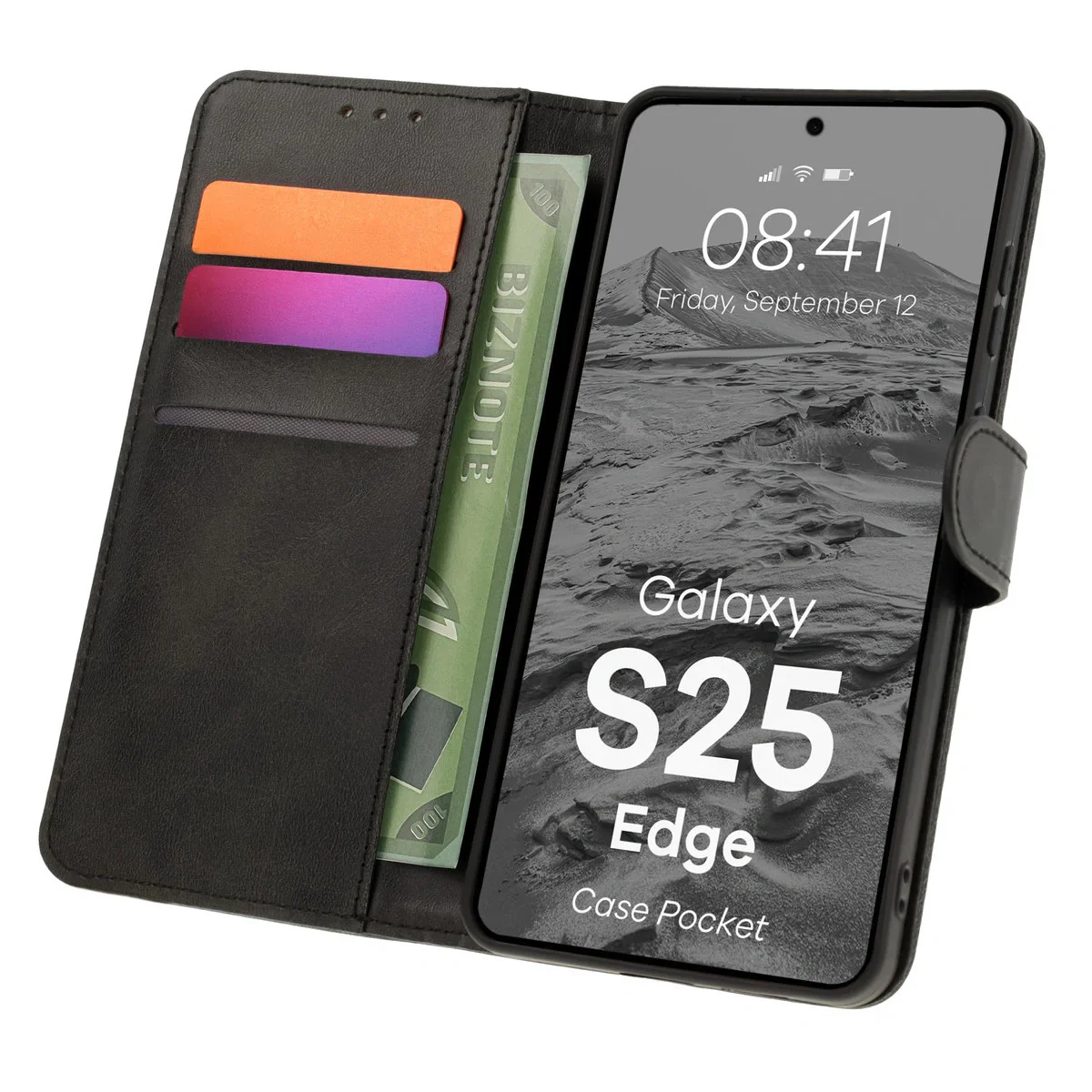 Handyhülle mit Klappe für Galaxy S25 Edge, Bizon Case Pocket, Schwarz