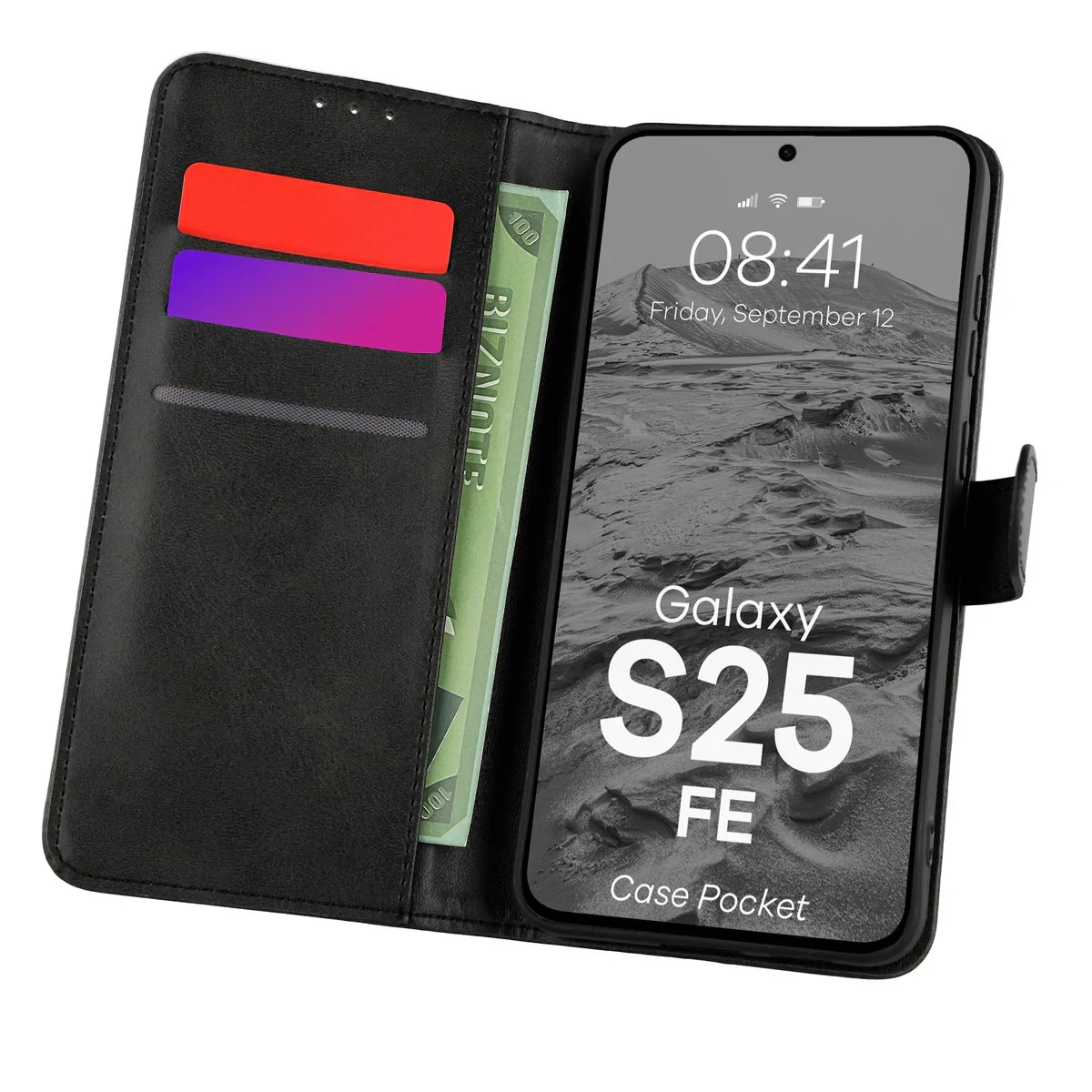 Handyhülle mit Klappe für Galaxy S25 FE, Bizon Case Pocket, Schwarz
