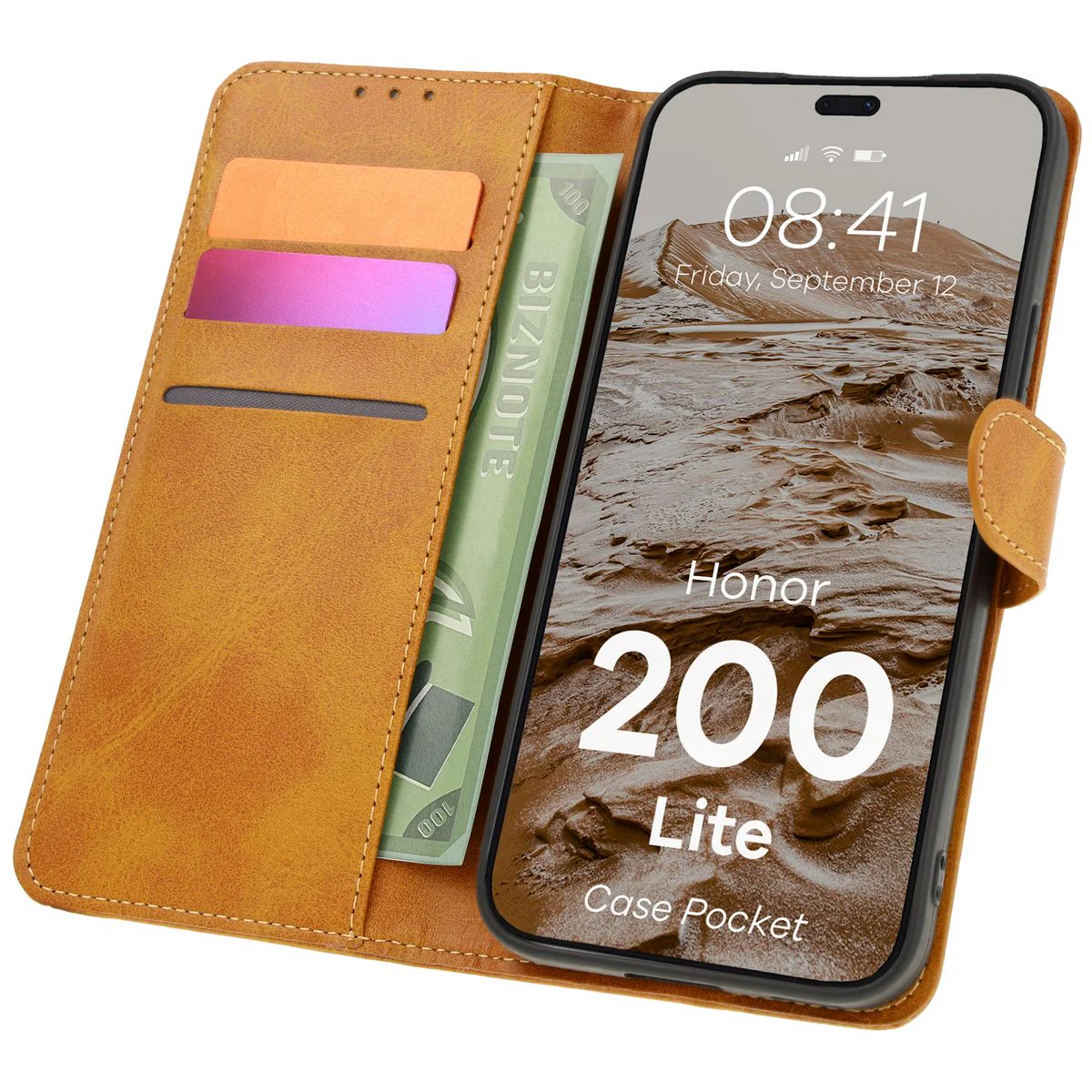 Handyhülle mit Klappe für Honor 200 Lite, Bizon Case Pocket, Braun