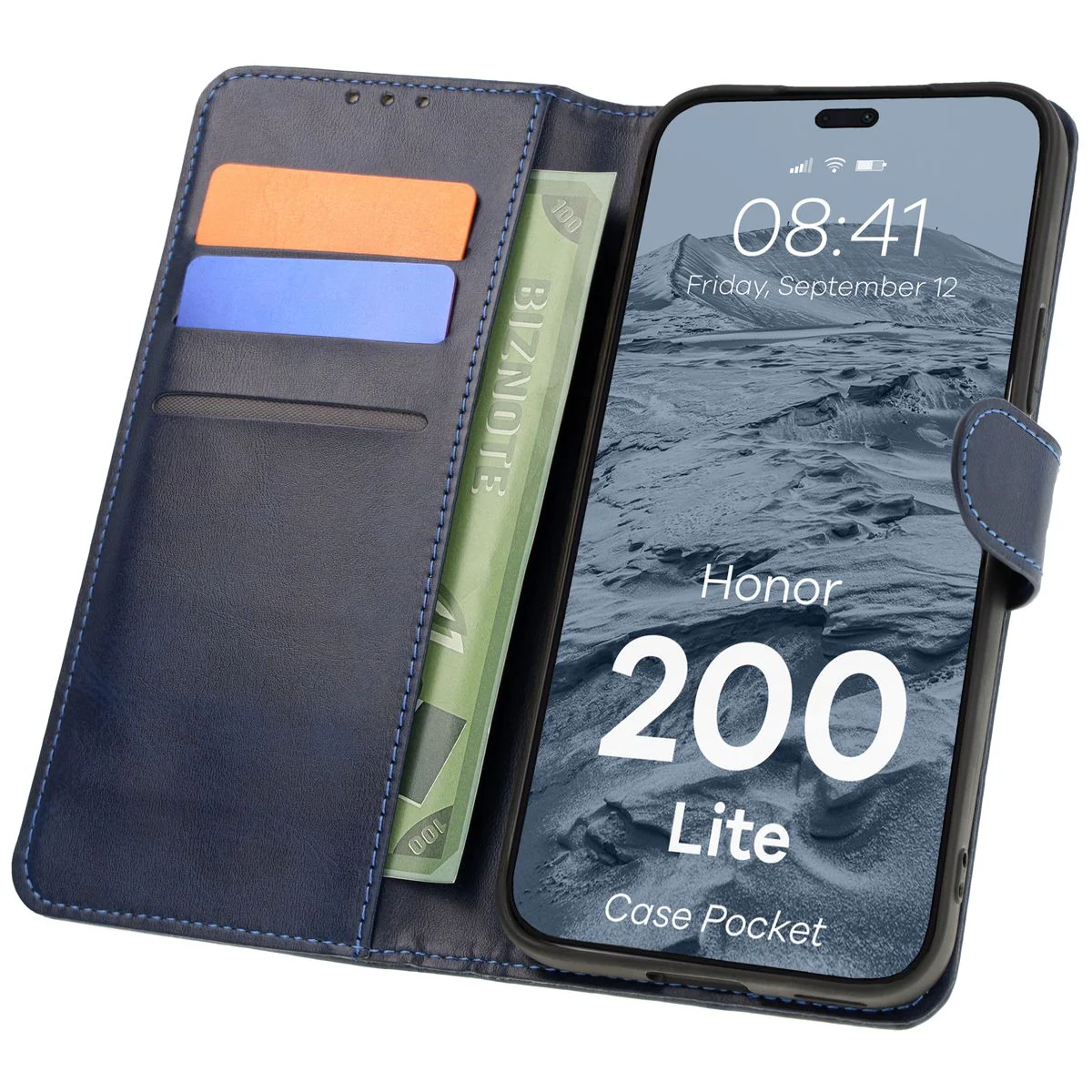 Handyhülle mit Klappe für Honor 200 Lite, Bizon Case Pocket, Dunkelblau