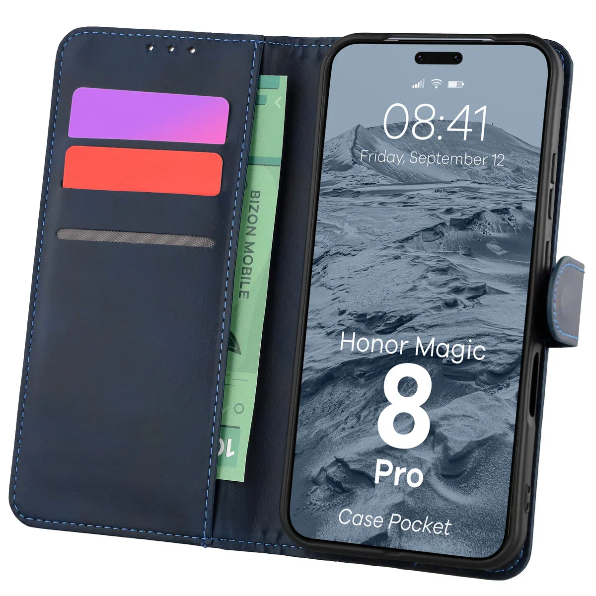 Handyhülle mit Klappe für Honor Magic8 Pro, Bizon Case Pocket, Dunkelblau