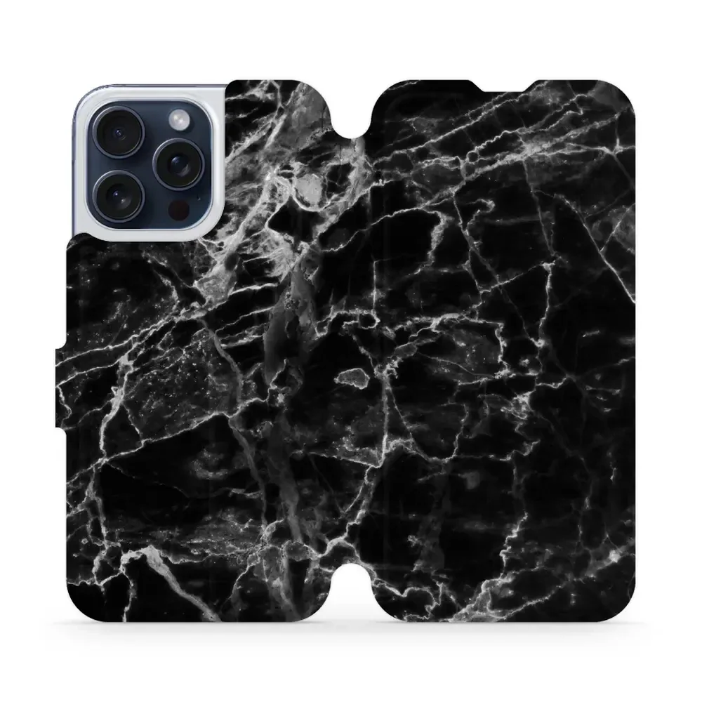 Handyhülle mit klappe für iPhone 15 Pro Max, Mobiwear Book, Schwarzer Marmor