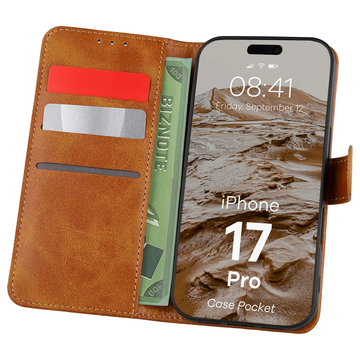 Handyhülle mit Klappe für iPhone 17 Pro, Bizon Case Pocket, Braun