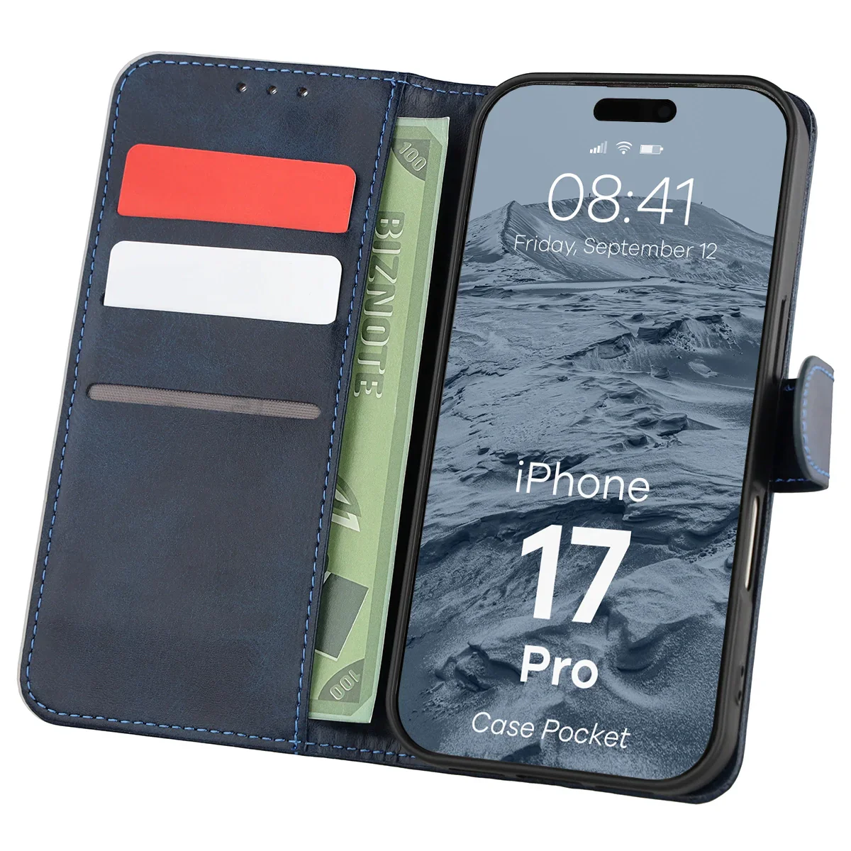 Handyhülle mit Klappe für iPhone 17 Pro, Bizon Case Pocket, Dunkelblau