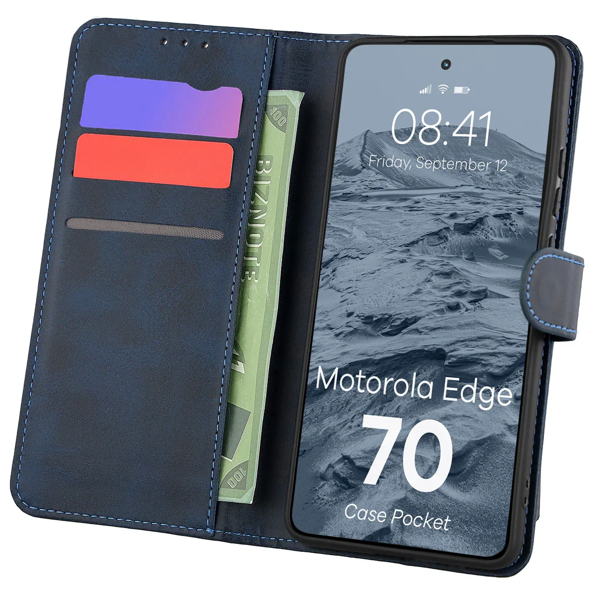 Handyhülle mit Klappe für Motorola Edge 70, Bizon Case Pocket, Dunkelblau