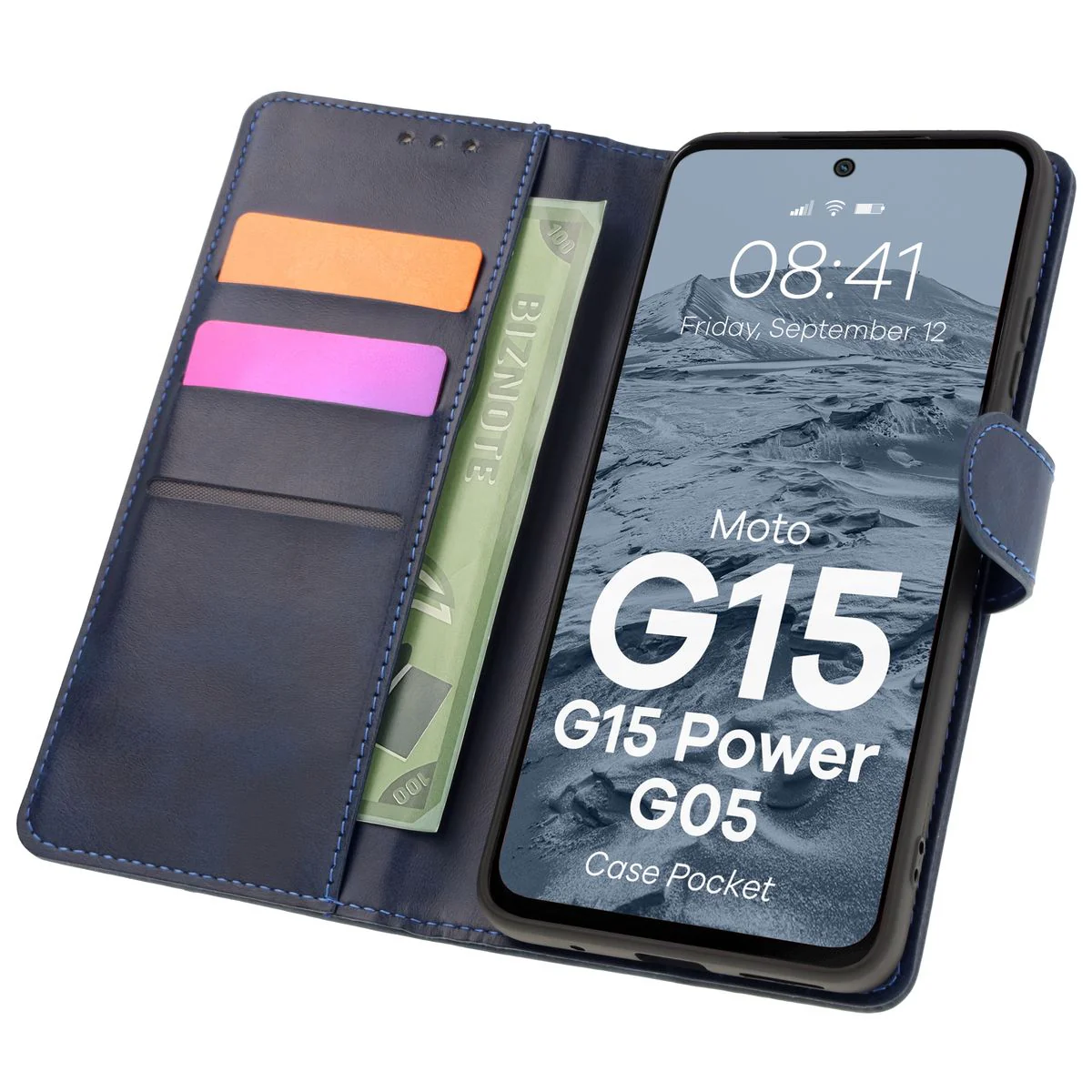 Handyhülle mit Klappe für Motorola Moto G15 / G15 Power / G05, Bizon Case Pocket, Dunkelblau