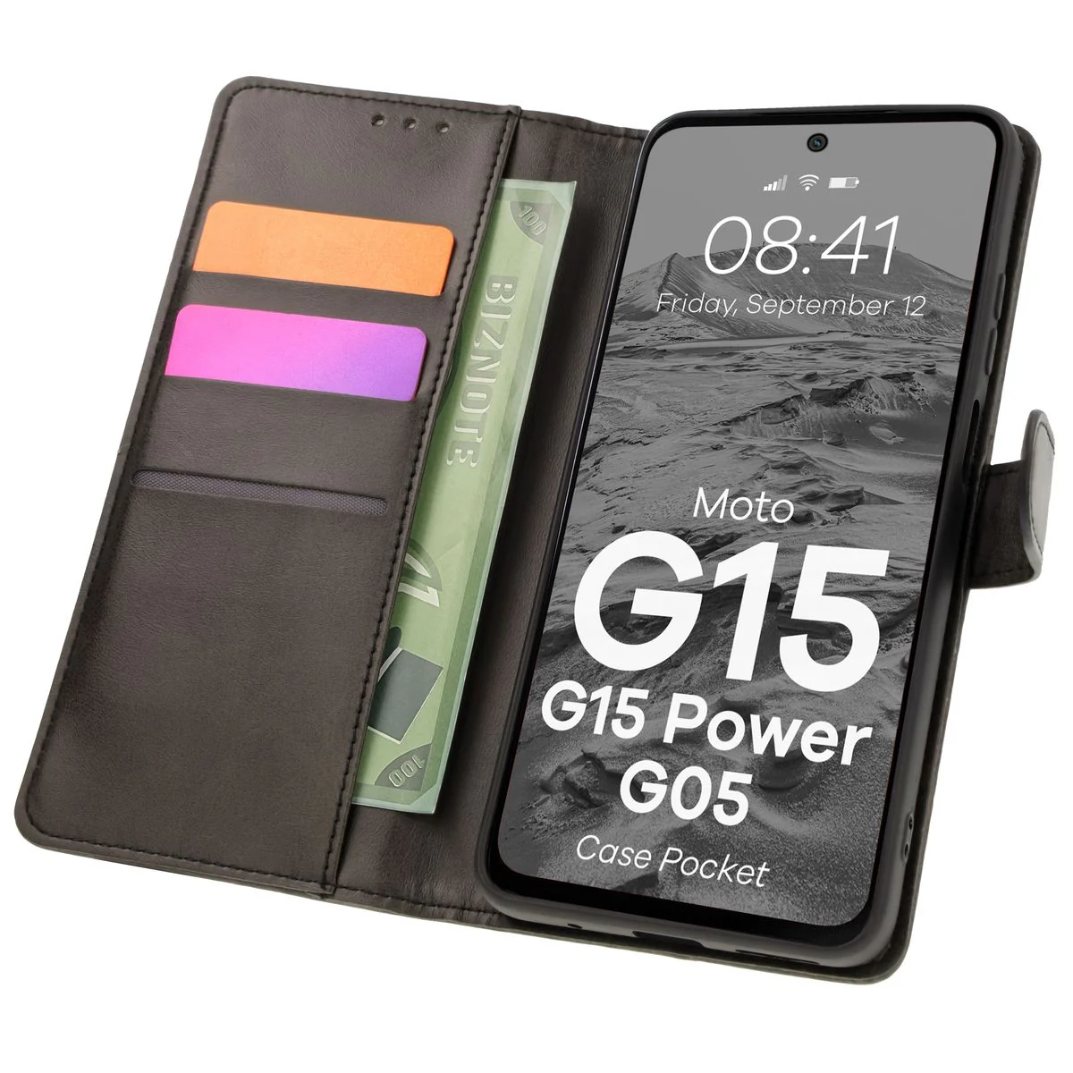 Handyhülle mit Klappe für Motorola Moto G15 / G15 Power / G05, Bizon Case Pocket, Schwarz