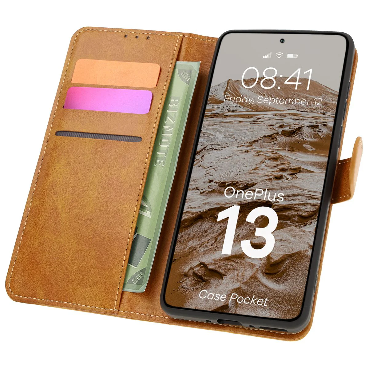 Handyhülle mit Klappe für OnePlus 13, Bizon Case Pocket, Braun