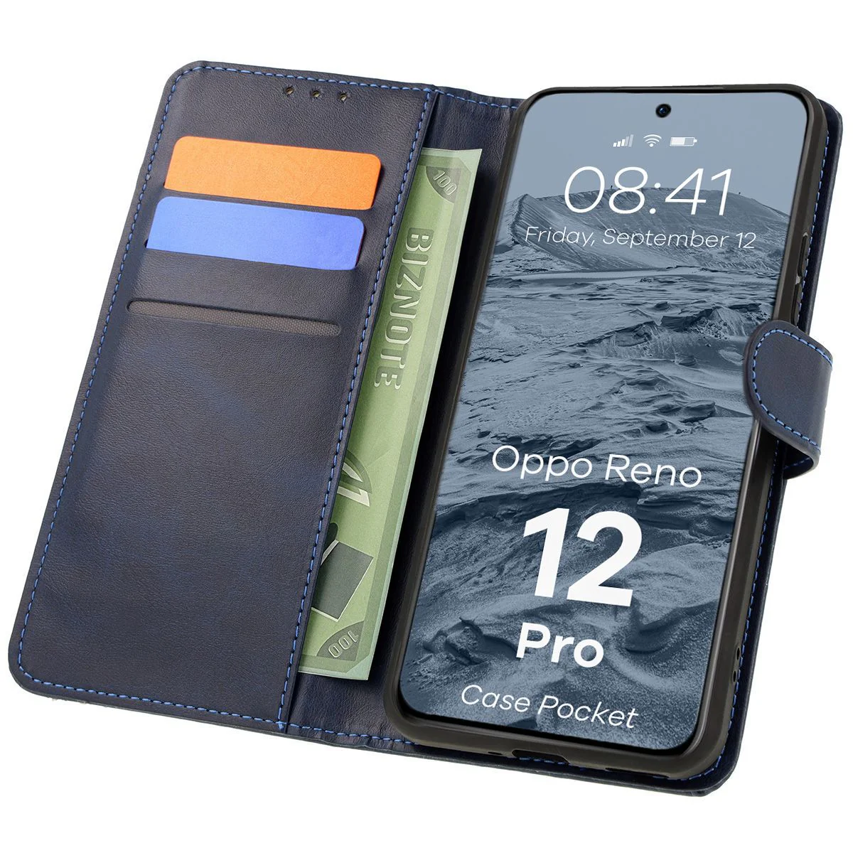 Handyhülle mit Klappe für Oppo Reno 12 Pro, Bizon Case Pocket, Dunkelblau