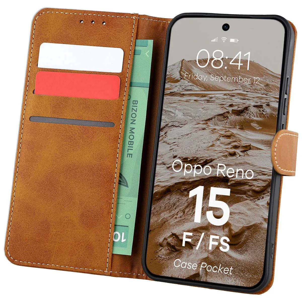 Handyhülle mit Klappe für Oppo Reno 15 F / FS, Bizon Case Pocket, Braun