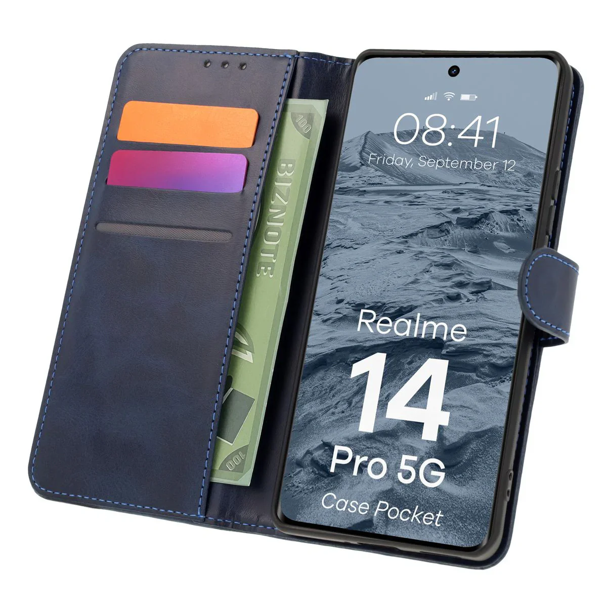 Handyhülle mit Klappe für Realme 14 Pro 5G, Bizon Case Pocket, Dunkelblau