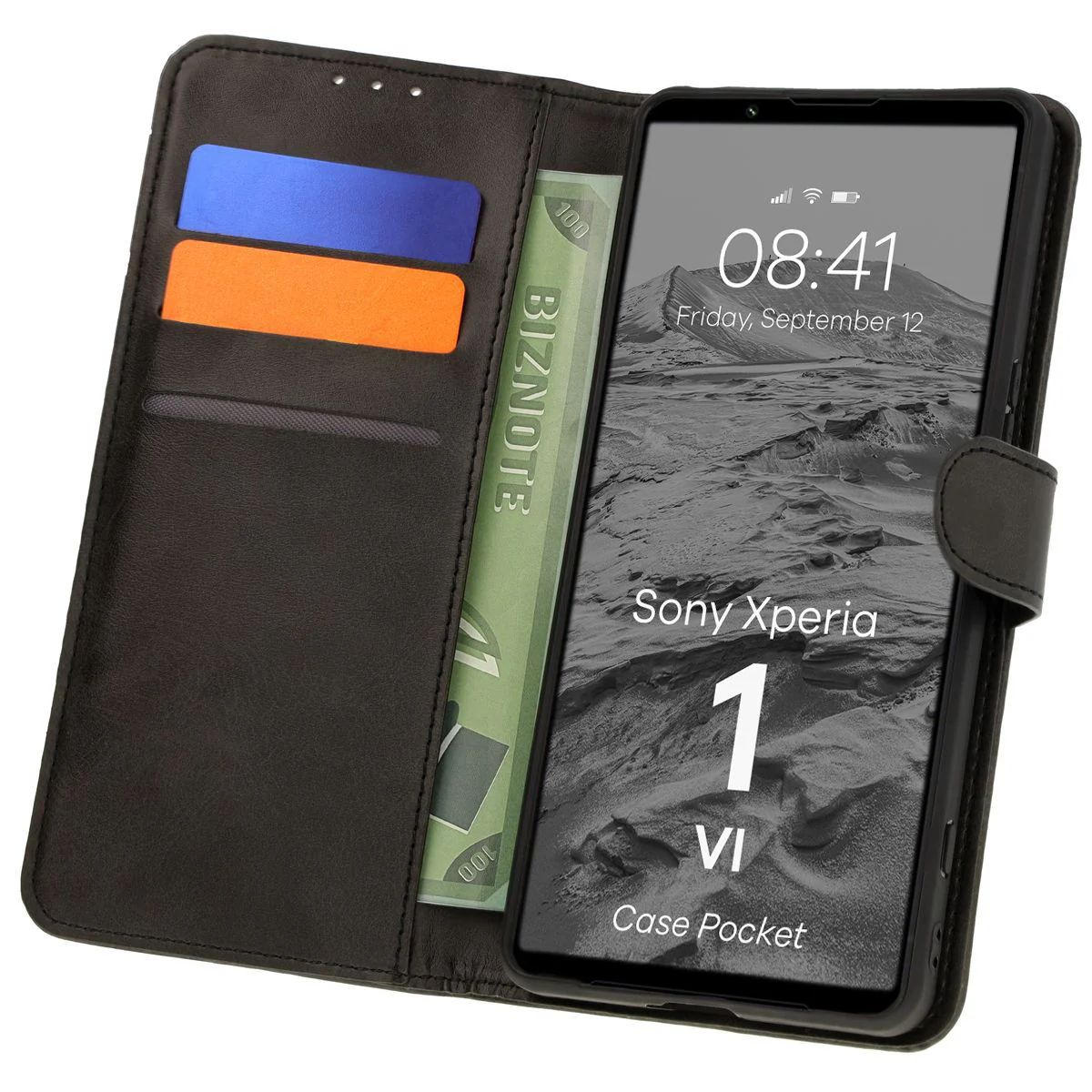 Handyhülle mit Klappe für Sony Xperia 1 VI, Bizon Case Pocket, Schwarz