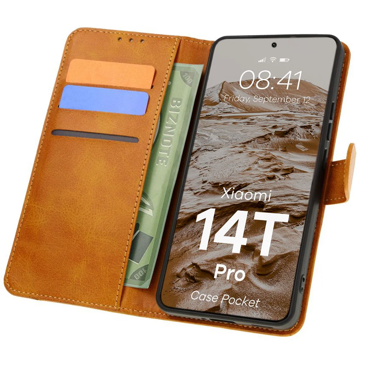 Handyhülle mit Klappe für Xiaomi 14T Pro, Bizon Case Pocket, Braun