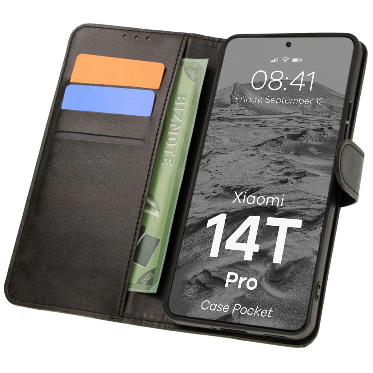 Handyhülle mit Klappe für Xiaomi 14T Pro, Bizon Case Pocket, Schwarz