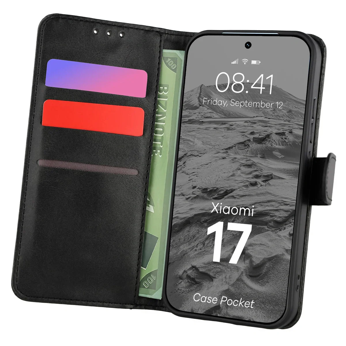 Handyhülle mit Klappe für Xiaomi 17, Bizon Case Pocket, Schwarz