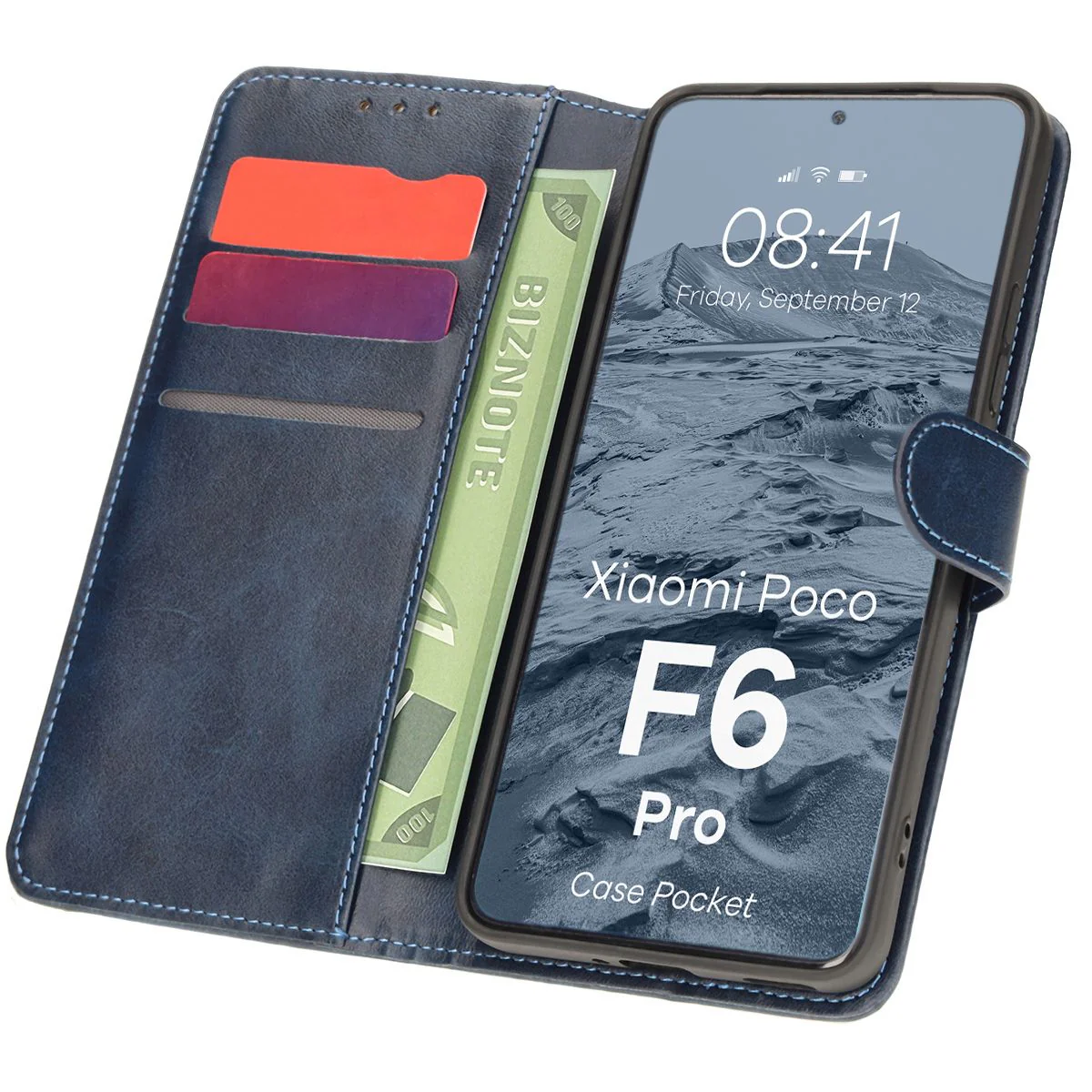 Handyhülle mit Klappe für Xiaomi Poco F6 Pro, Bizon Case Pocket, Dunkelblau
