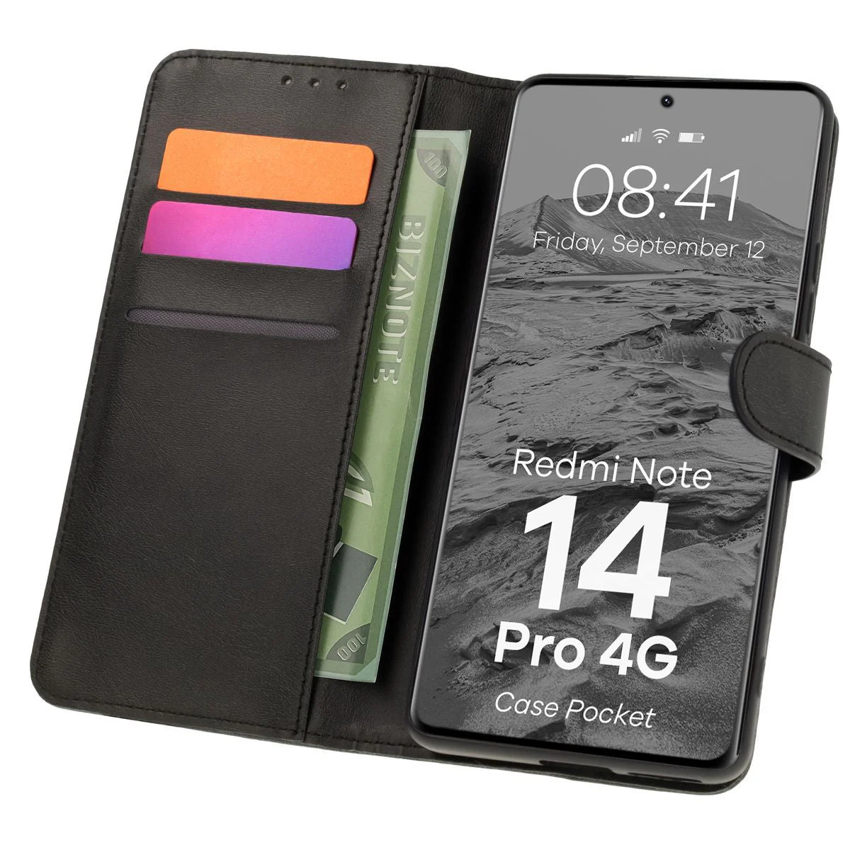 Handyhülle mit Klappe für Xiaomi Redmi Note 14 Pro 4G, Bizon Case Pocket, Schwarz