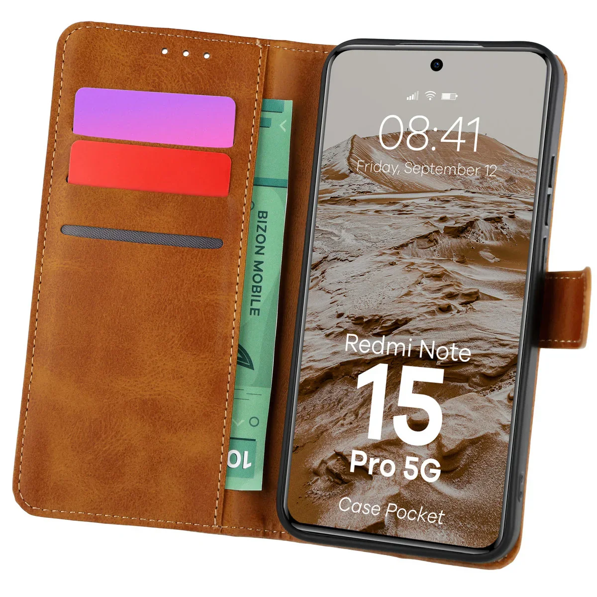 Handyhülle mit Klappe für Xiaomi Redmi Note 15 Pro 5G, Bizon Case Pocket, Braun