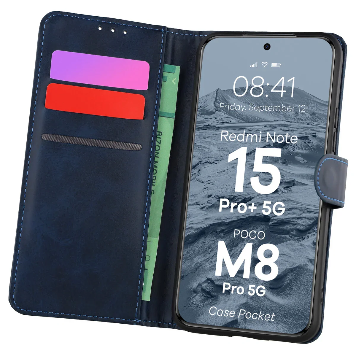 Handyhülle mit Klappe für Xiaomi Redmi Note 15 Pro Plus 5G / POCO M8 Pro 5G, Bizon Case Pocket, Dunkelblau