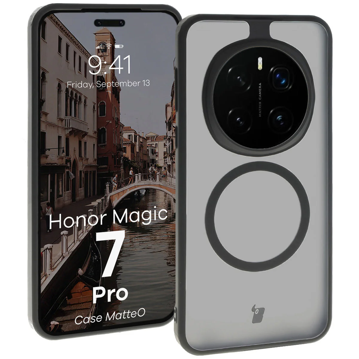 Handyhülle mit Magnetring für Honor Magic7 Pro, Bizon Case MatteO, Semitransparent mit schwarzem Rand