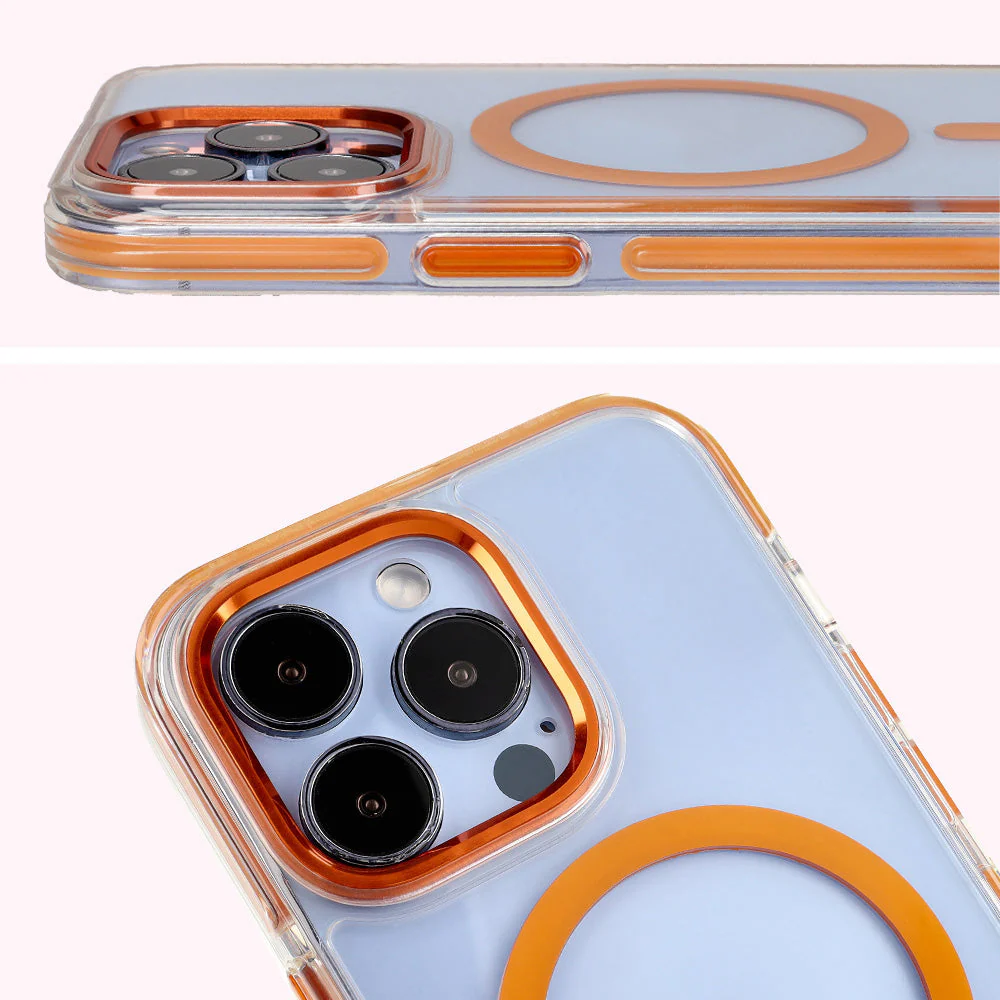 Handyhülle mit Magnetring für iPhone 13 Pro, Bizon Case Marco, Transparent mit orangem Rahmen - Image 4