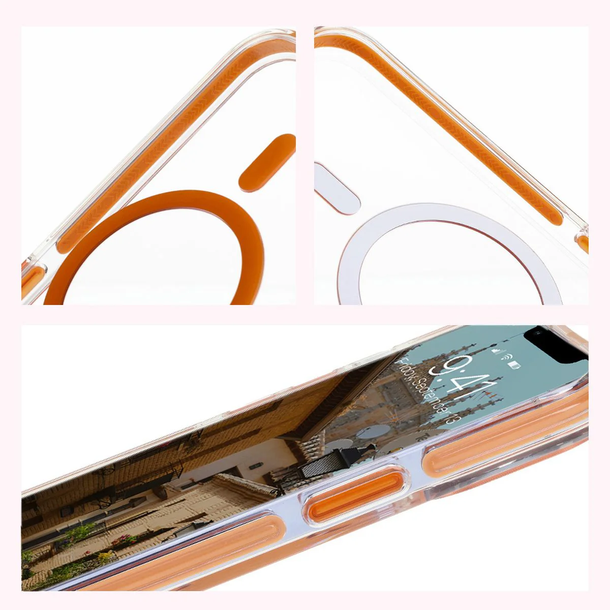 Handyhülle mit Magnetring für iPhone 13 Pro, Bizon Case Marco, Transparent mit orangem Rahmen - Image 5