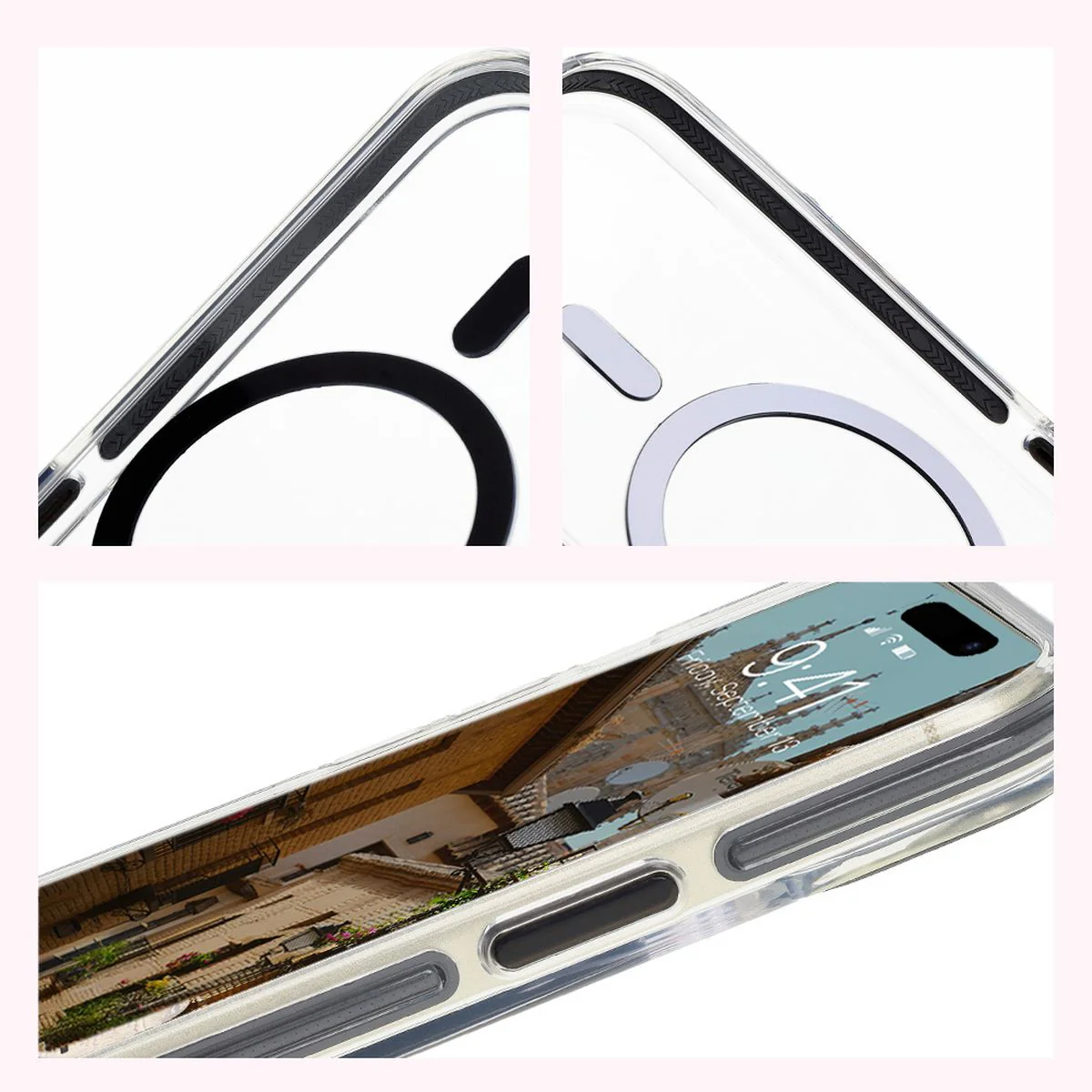 Handyhülle mit Magnetring für iPhone 15, Bizon Case Marco, Transparent mit schwarzem Rahmen - Image 5