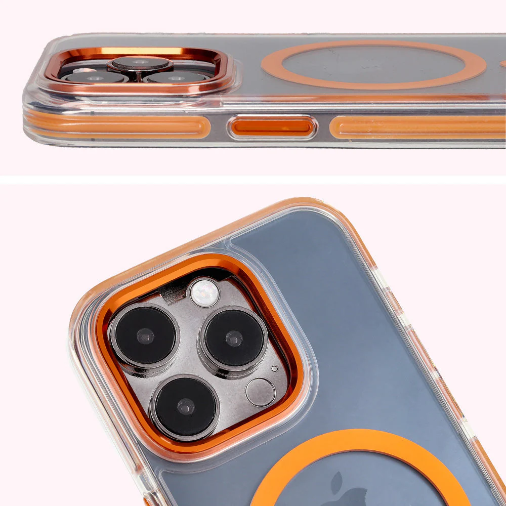 Handyhülle mit Magnetring für iPhone 15 Pro, Bizon Case Marco, Transparent mit orangem Rahmen - Image 4