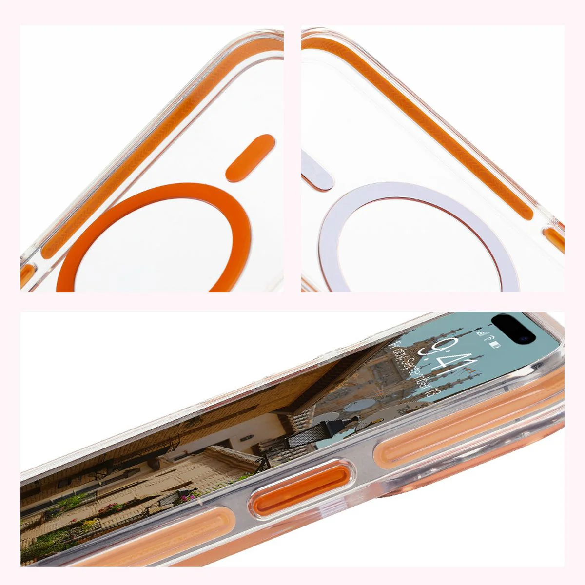 Handyhülle mit Magnetring für iPhone 15 Pro, Bizon Case Marco, Transparent mit orangem Rahmen - Image 5