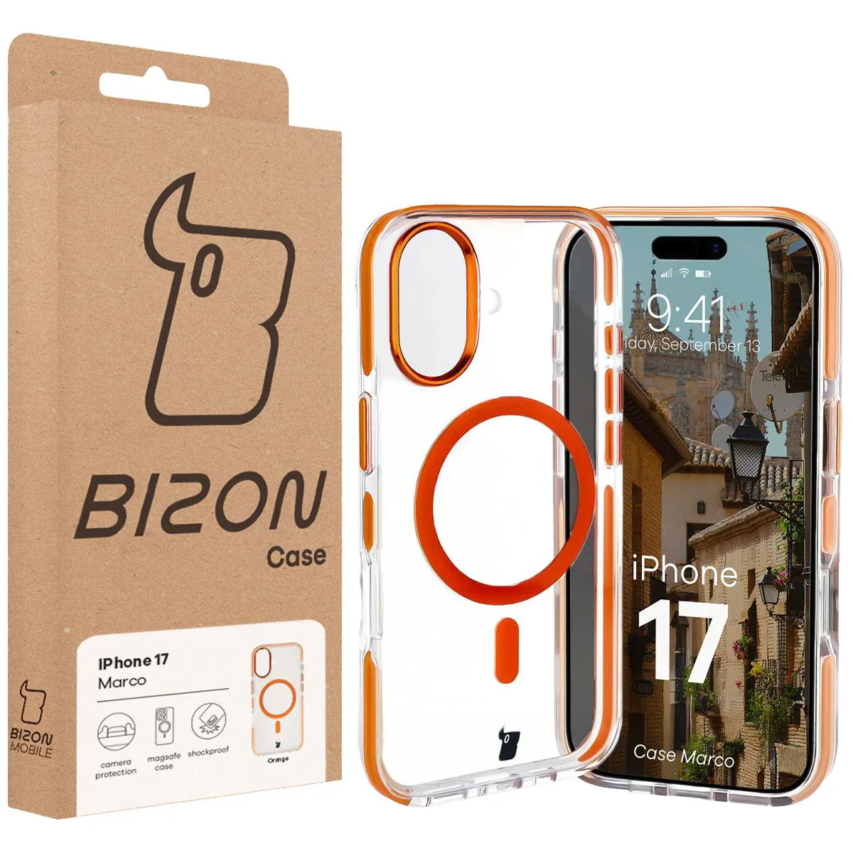 Handyhülle mit Magnetring für iPhone 17, Bizon Case Marco, Transparent mit orangem Rahmen - Image 10