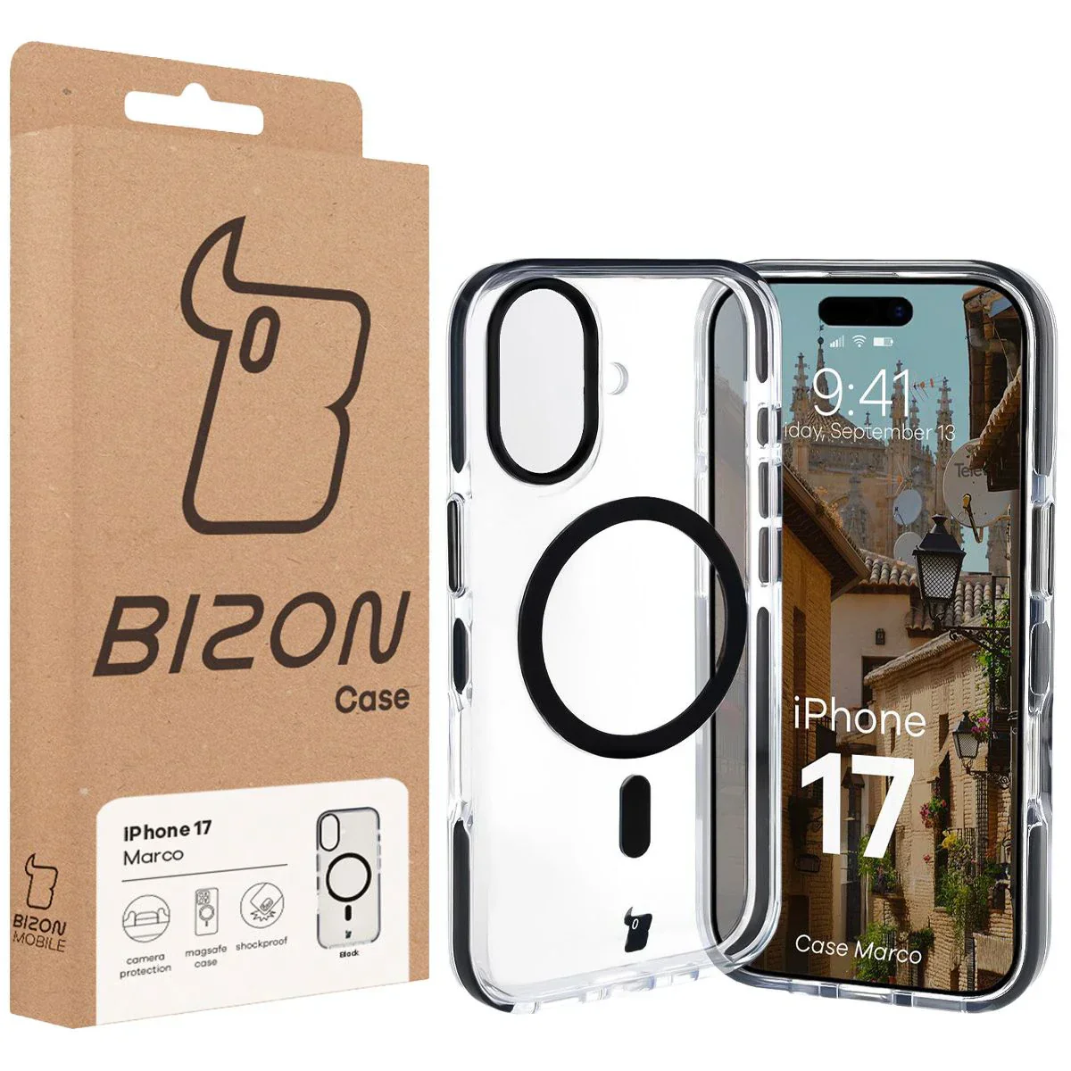 Handyhülle mit Magnetring für iPhone 17, Bizon Case Marco, Transparent mit schwarzem Rahmen - Image 10