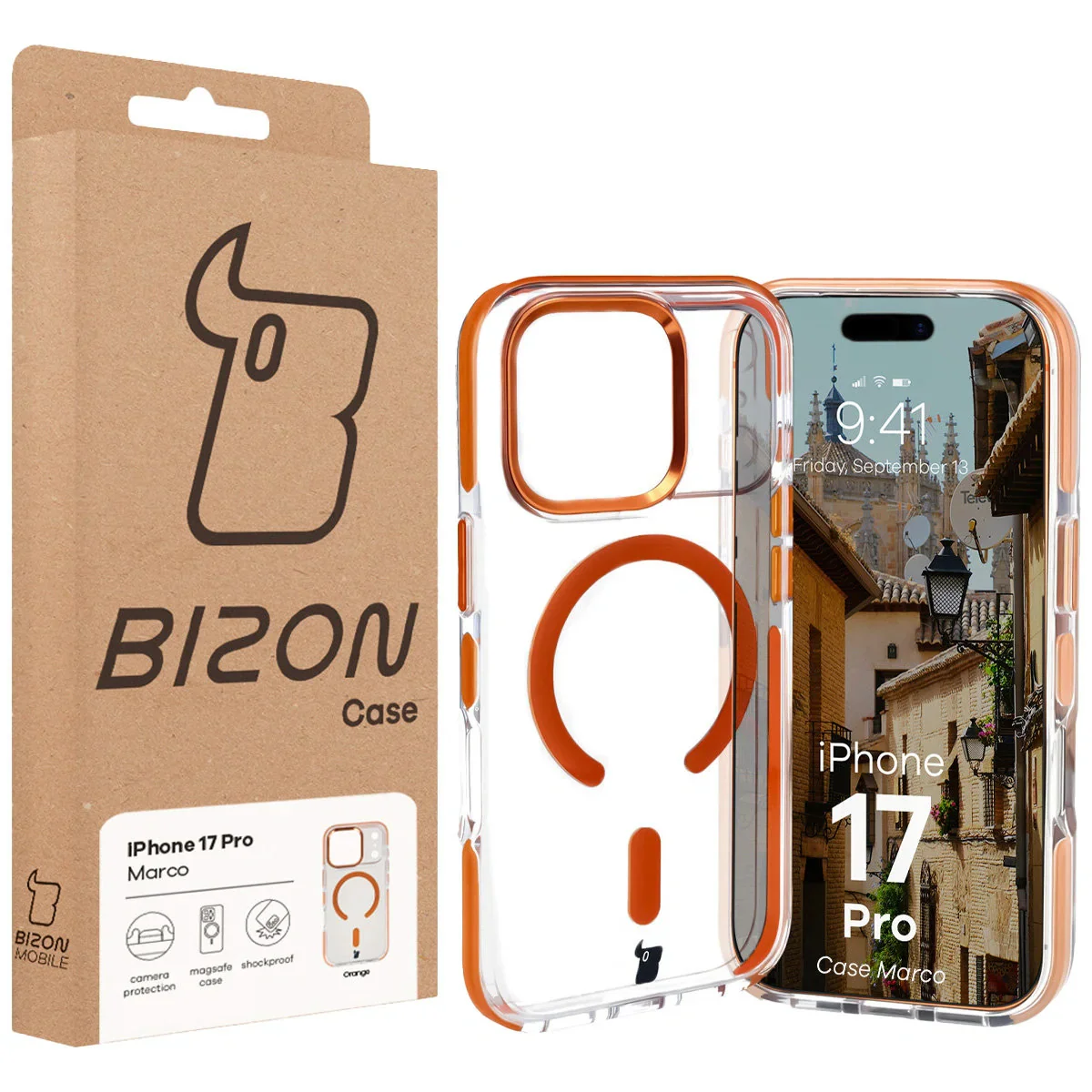 Handyhülle mit Magnetring für iPhone 17 Pro, Bizon Case Marco, Transparent mit orangem Rahmen - Image 10