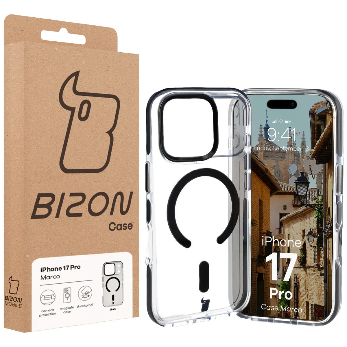Handyhülle mit Magnetring für iPhone 17 Pro, Bizon Case Marco, Transparent mit schwarzem Rahmen - Image 10