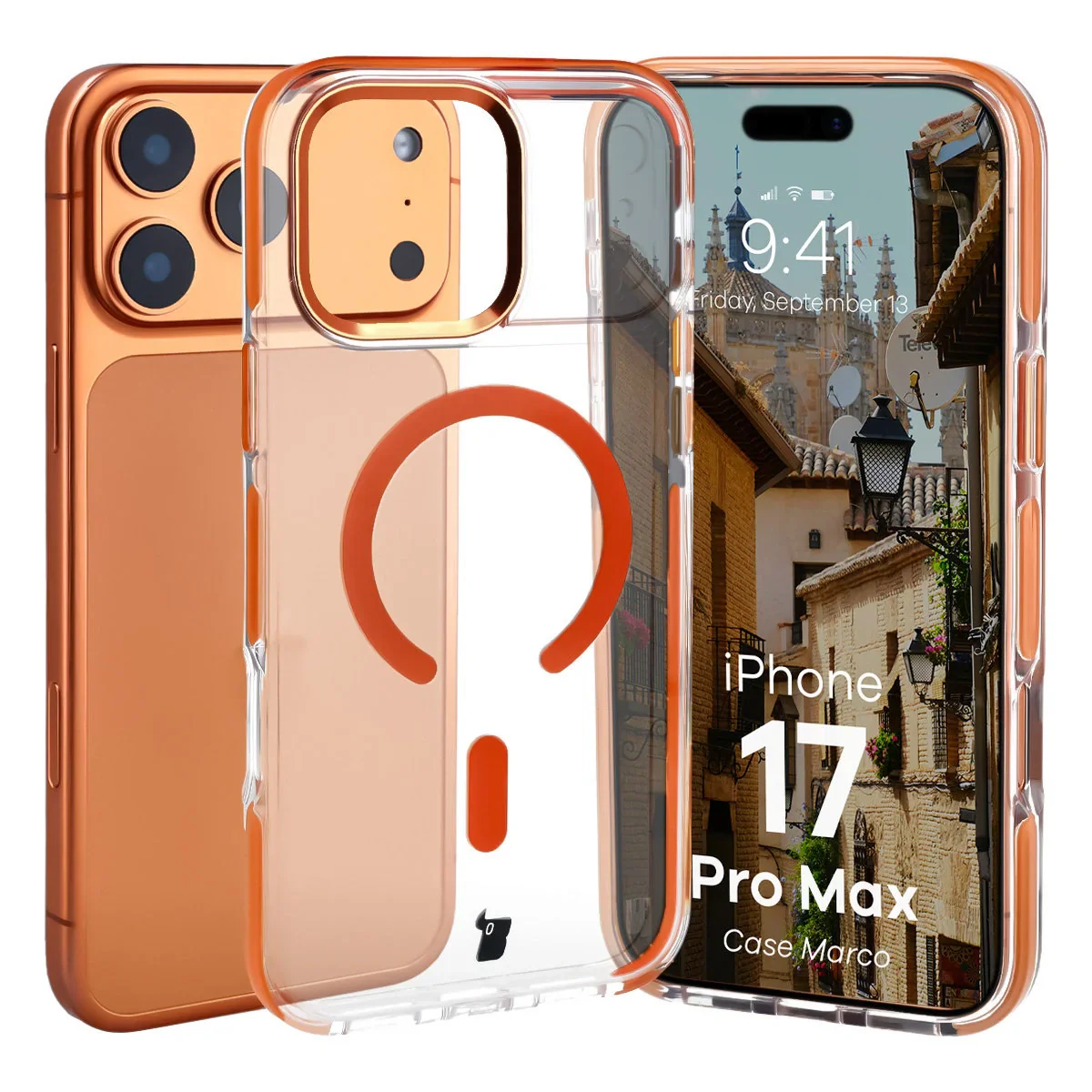 Handyhülle mit Magnetring für iPhone 17 Pro Max, Bizon Case Marco, Transparent mit orangem Rahmen