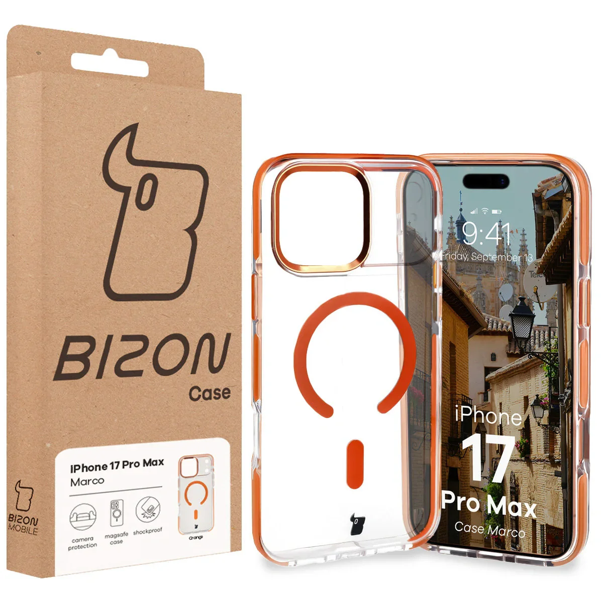 Handyhülle mit Magnetring für iPhone 17 Pro Max, Bizon Case Marco, Transparent mit orangem Rahmen - Image 10