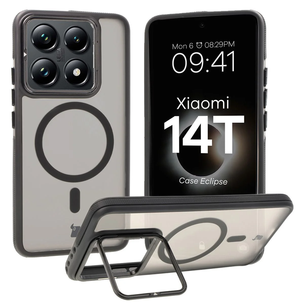 Handyhülle mit Ständer und Magnetring für Xiaomi 14T, Bizon Case Eclipse, Getönte mit schwarzem Rahmen