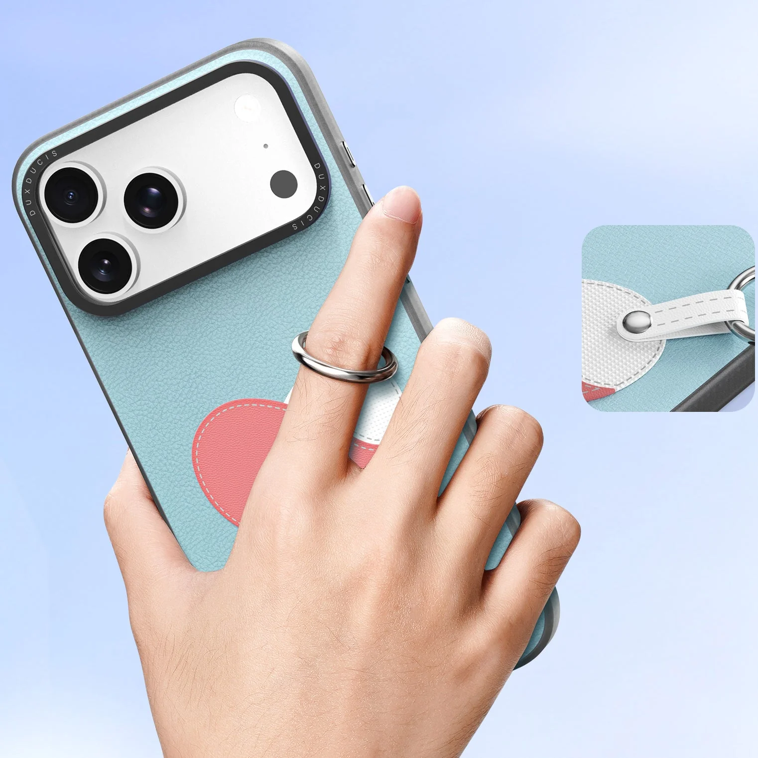 Handyhülle mit Trageband für iPhone 17 Pro, Dux Ducis Luvy, Blau mit Rosa Herz - Image 4