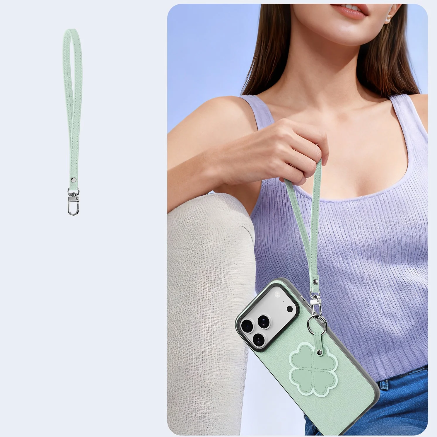 Handyhülle mit Trageband für iPhone 17 Pro, Dux Ducis Luvy, Grün mit Klee - Image 5