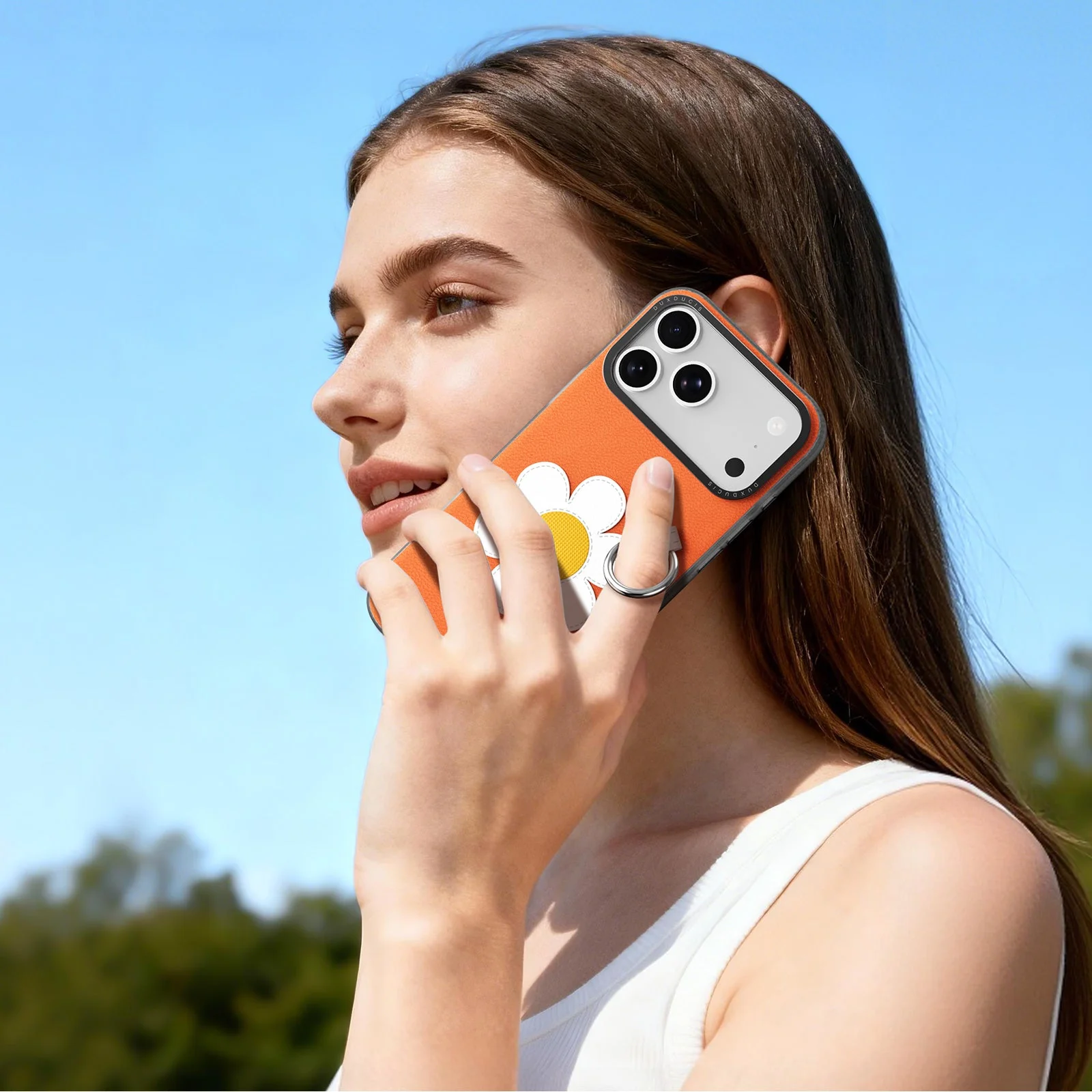 Handyhülle mit Trageband für iPhone 17 Pro Max, Dux Ducis Luvy, Orange mit Gänseblümchen - Image 9