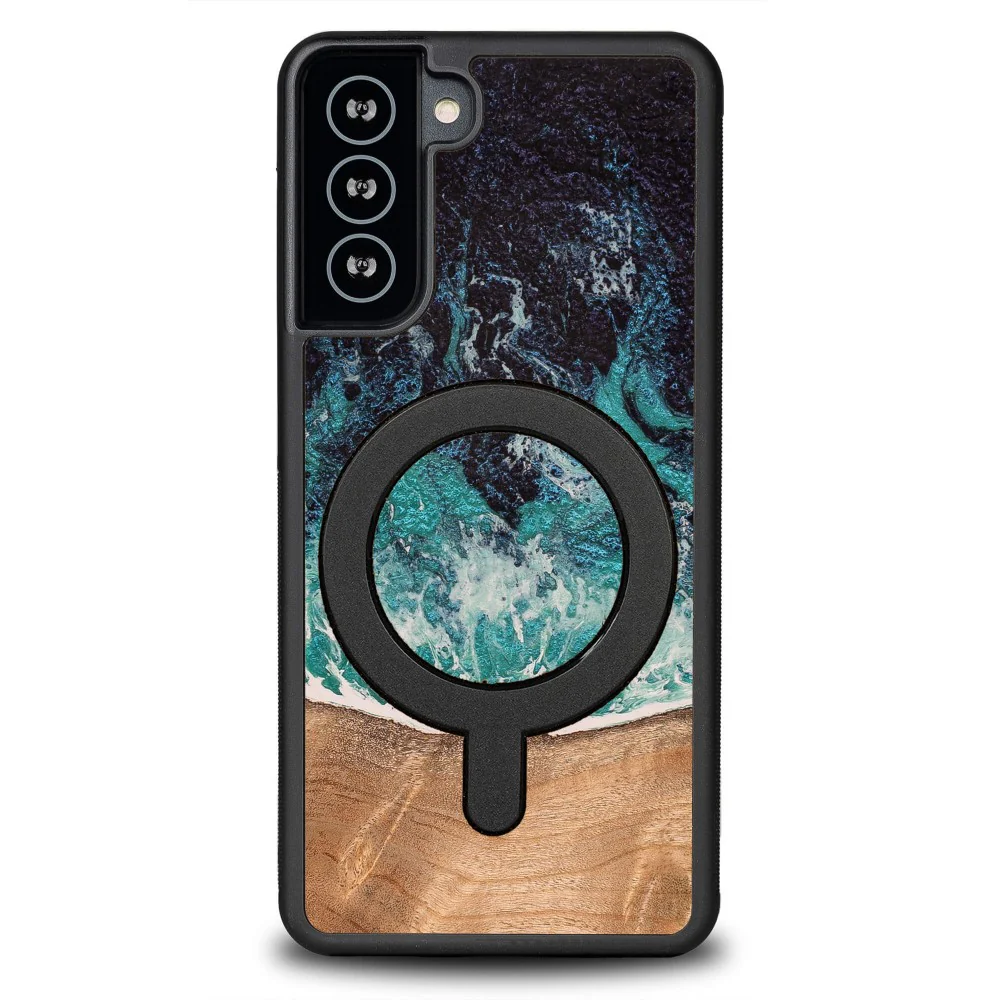 Holzhülle für Galaxy S21 Plus, Bewood Unique Dream Island für MagSafe, Blau-Braun