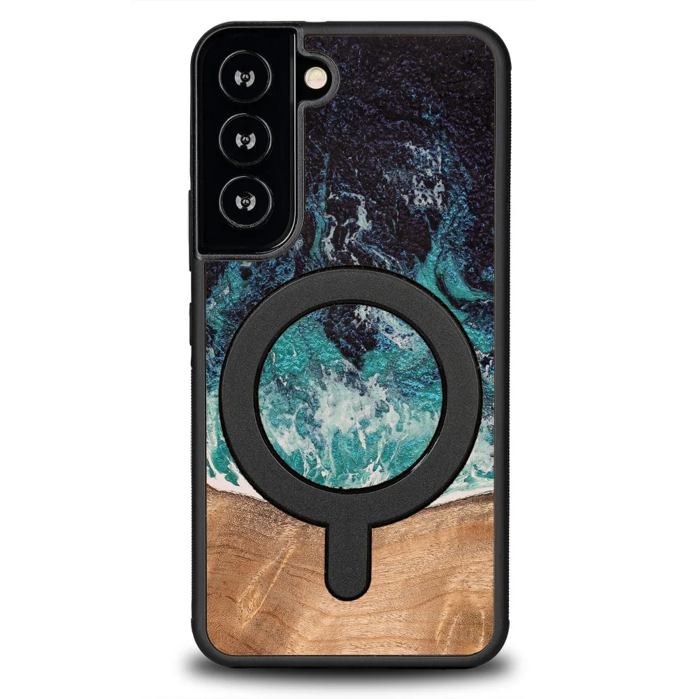 Holzhülle für Galaxy S22, Bewood Unique Dream Island für MagSafe, Blau-Braun