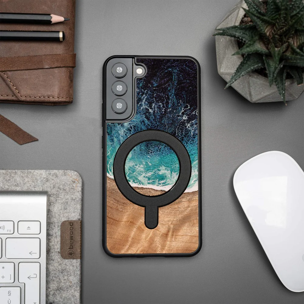 Holzhülle für Galaxy S22 Plus, Bewood Unique Dream Island für MagSafe, Blau-Braun - Image 5