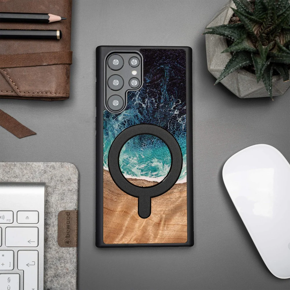 Holzhülle für Galaxy S22 Ultra, Bewood Unique Dream Island für MagSafe, Blau-Braun - Image 5