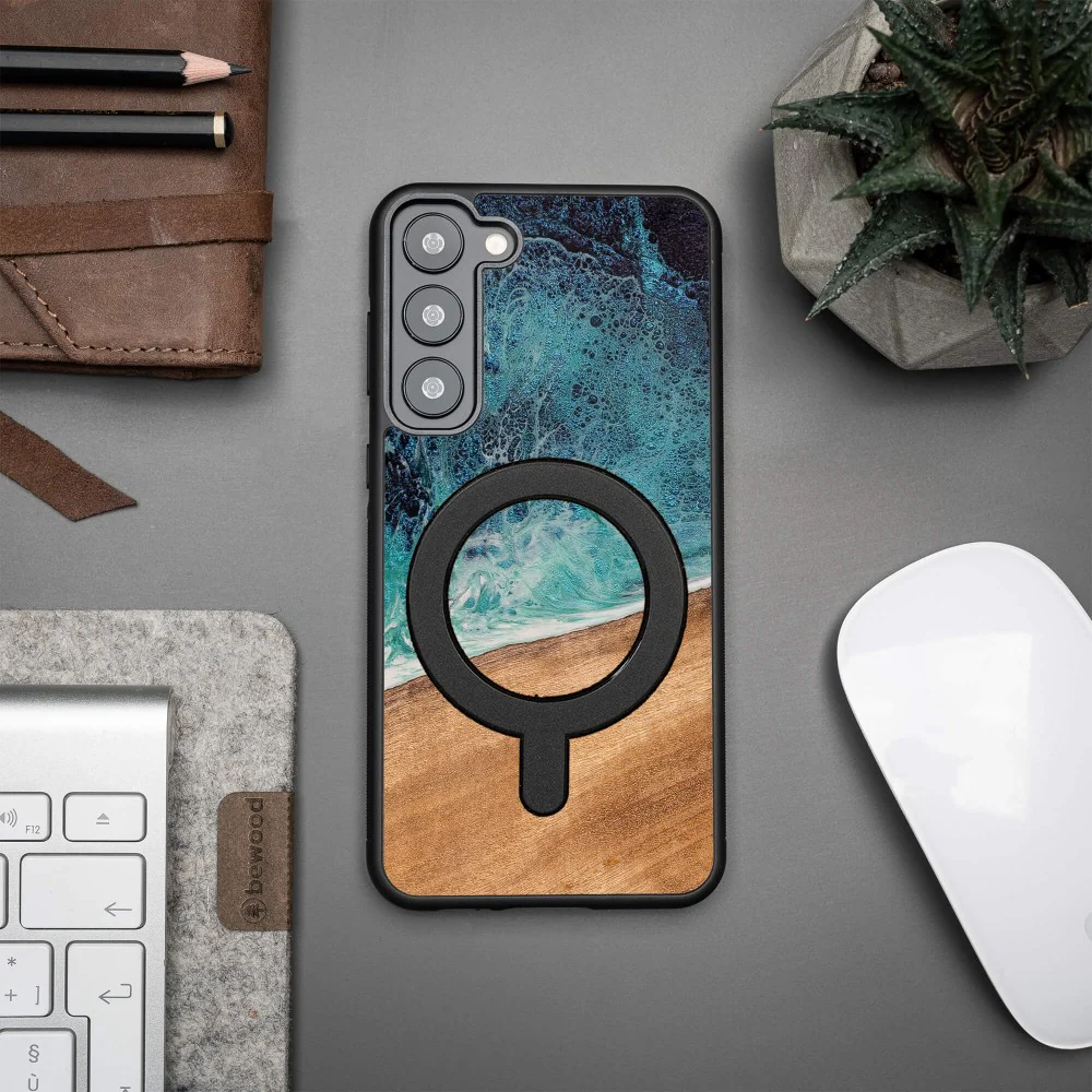 Holzhülle für Galaxy S23 Plus, Bewood Unique Dream Island für MagSafe, Blau-Braun - Image 5