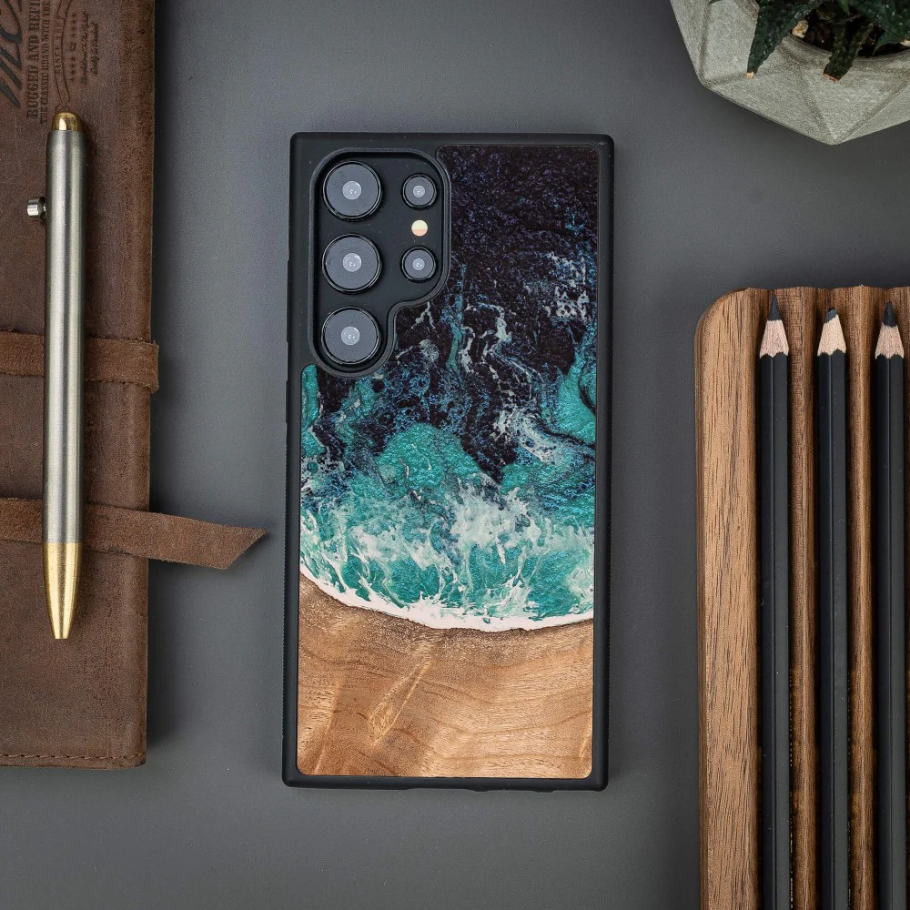 Holzhülle für Galaxy S24 Ultra, Bewood Unique Dream Island, Blau-Braun - Image 4