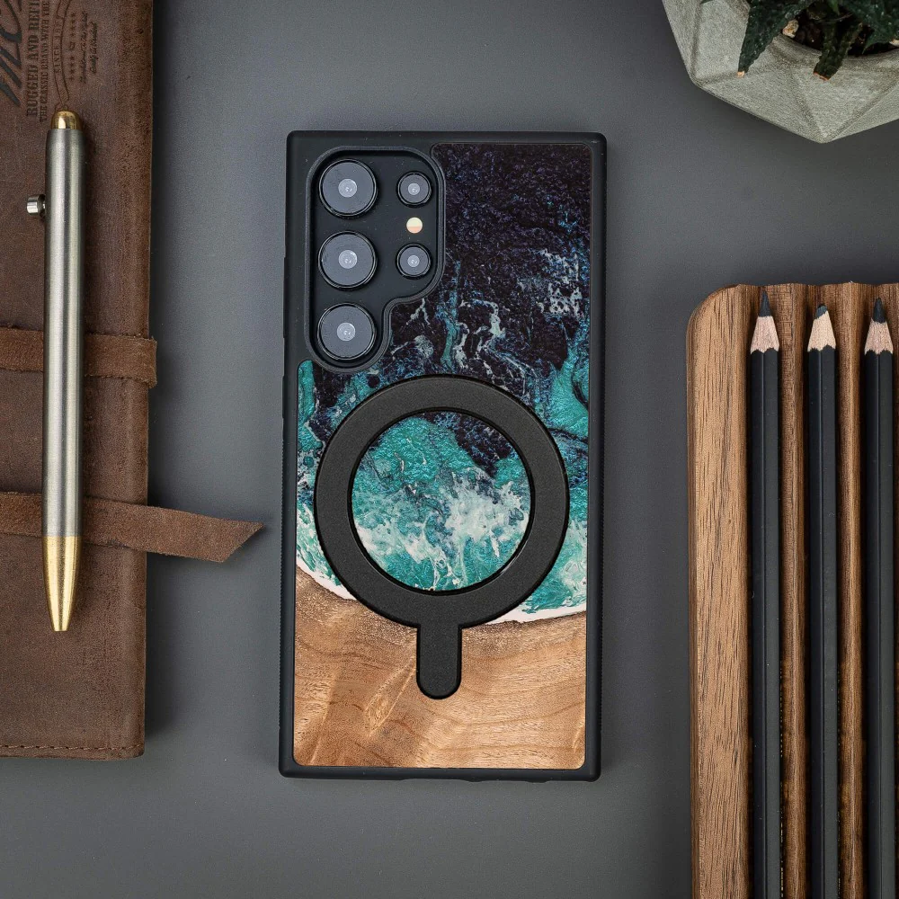 Holzhülle für Galaxy S24 Ultra, Bewood Unique Dream Island für MagSafe, Blau-Braun - Image 5