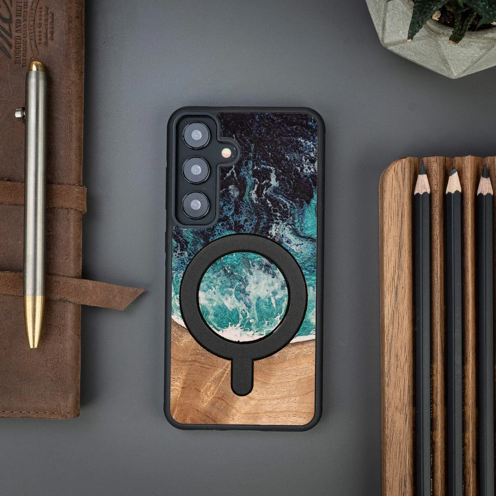 Holzhülle für Galaxy S25, Bewood Unique Dream Island für MagSafe, Blau-Braun - Image 5