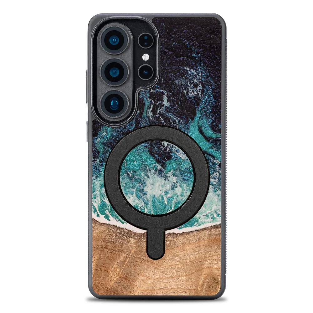 Holzhülle für Galaxy S26 Ultra, Bewood Unique Dream Island für MagSafe, Blau-Braun