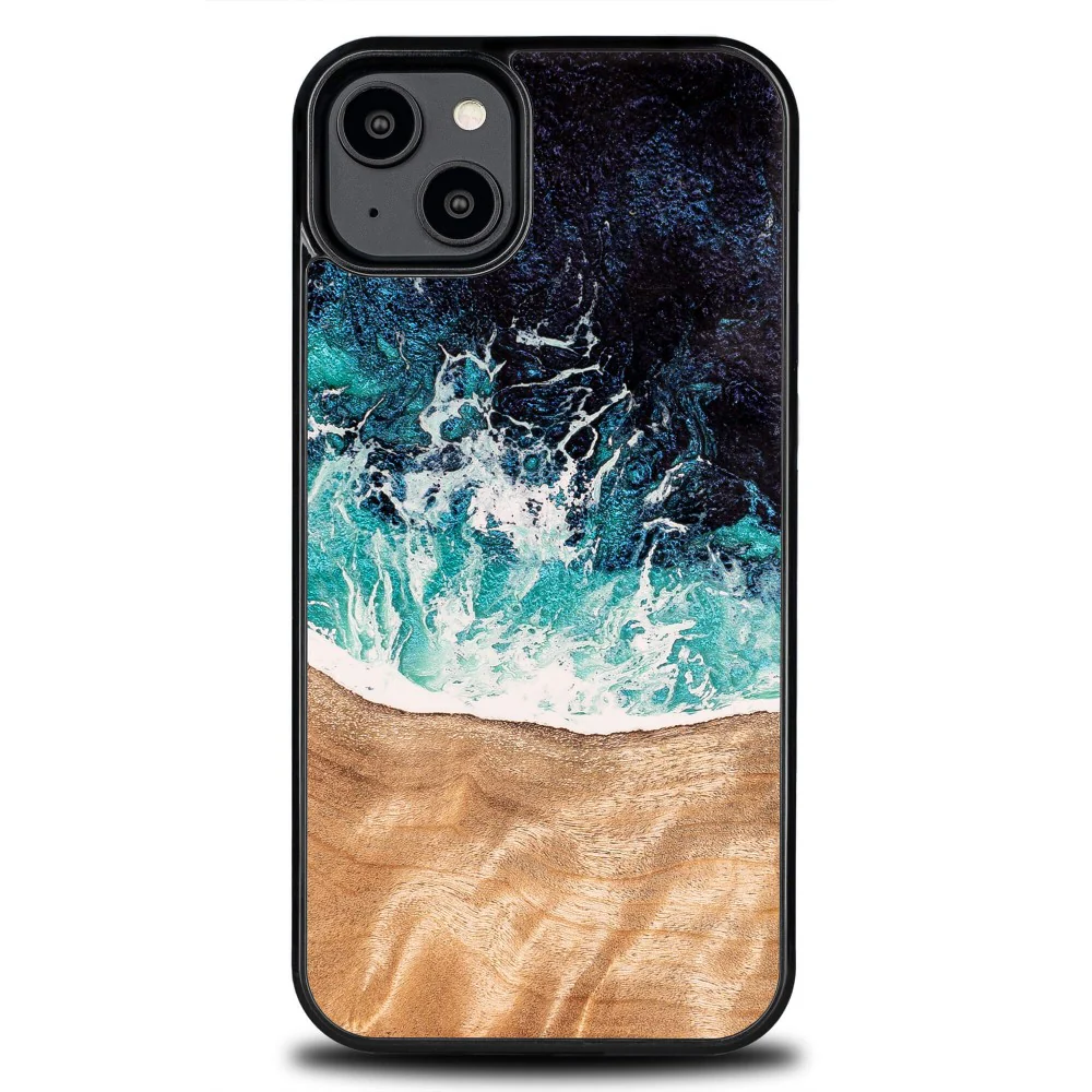 Holzhülle für iPhone 14 Plus, Bewood Unique Dream Island, Blau-Braun